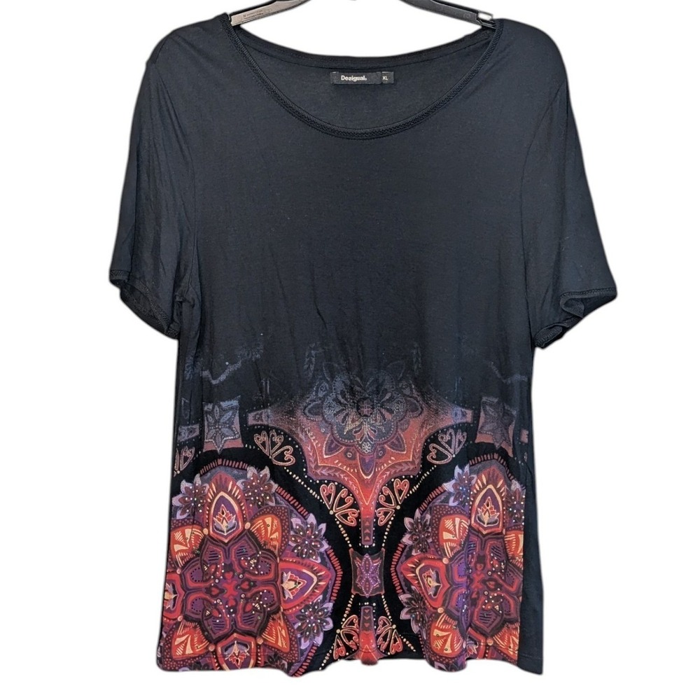 Desigual Womens XL Black Mandala Graphic Rhinestone Viscose T-Shirt 18WWTKC0